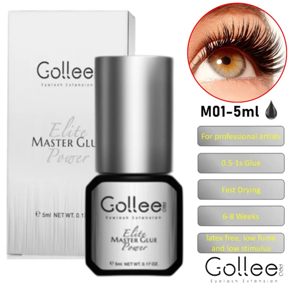 Gollee Fast Drying Eyelash Glue 0.5S 1S 2S 3S Unscented Lash Glue Low Odor Lashes Extension Adhesive for Professional Supplies