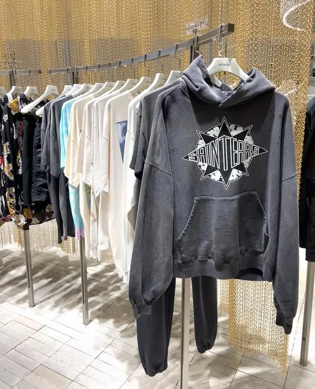 26FW SAINT x Ber B J Co-brand Big Logo Printed Women Men Washed Hooded Sweatshirt Hoodies Vintage Distressed Men Casual Hoodie