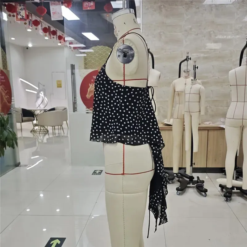 Women Polka Dot Chiffon Cami Top Spaghetti Strap Crisscross Tie Backless Asymmetric Hanky Hem Cropped Camisole Summer Tank Top