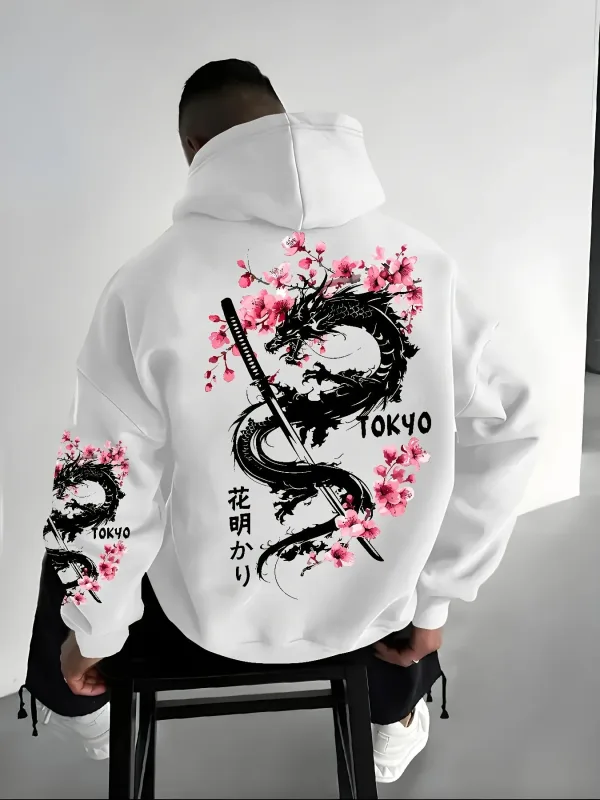 เสื้อสวมหัวมีฮู้ดพิมพ์ลายดอกซากุระลายมังกรสไตล์อะนิเมะสำหรับบุรุษเพื่อความอบอุ่นในฤดูหนาวสไตล์หลวมและลำลอง