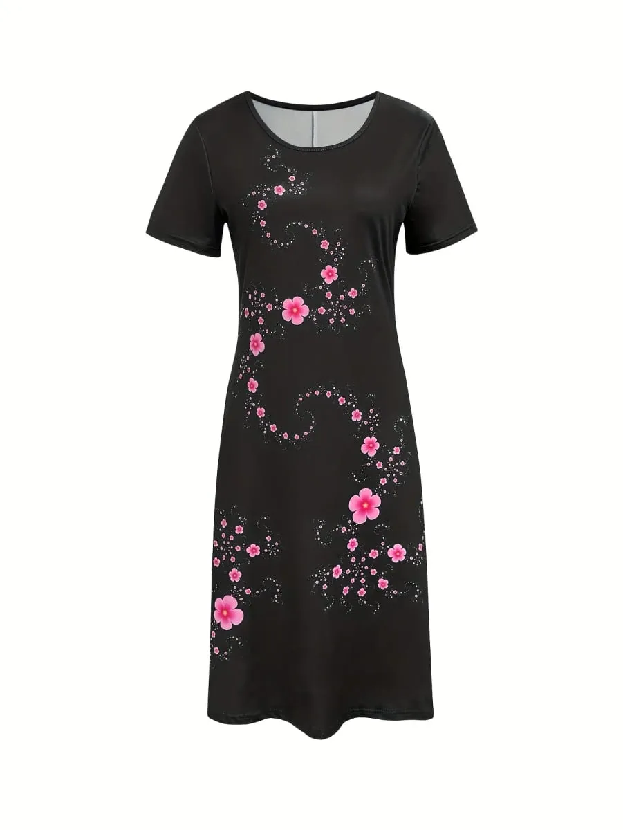 Women's Elegant Casual Floral Print Dress Black with Pink Flowers Dresses Woman Summer Women's Short -Sleeved Y2k Ladies Clothes