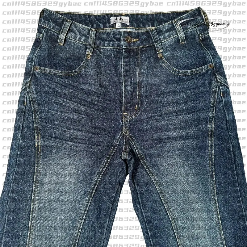 2026 Y2K Retro Blue Flare Jeans Unisex Washed Denim Pants Embroidered Back Pocket Streetwear Wide Leg Bootcut Jeans — image 4