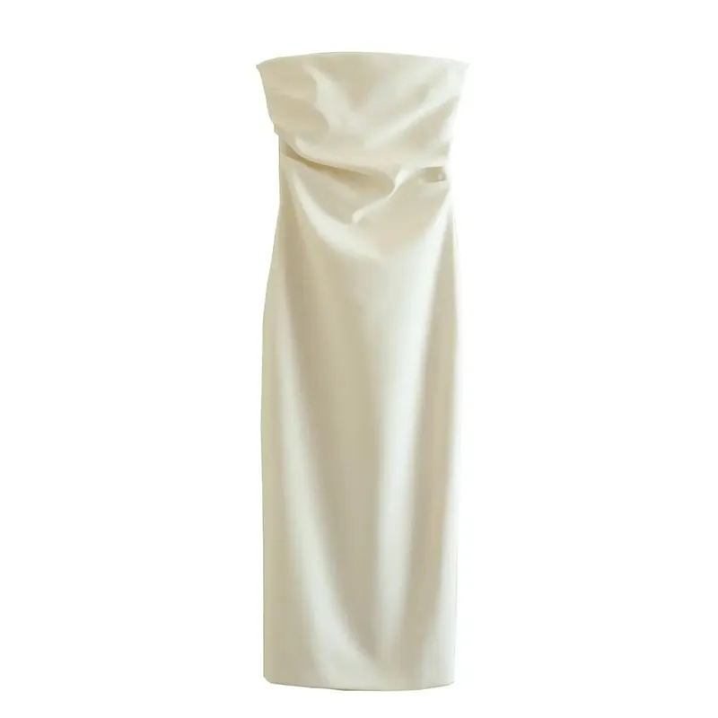 Women Fashion Summer New Sexy Split Back Zip Pleated Sleeveless Strapless Dress Chic Female French Elegant Evening