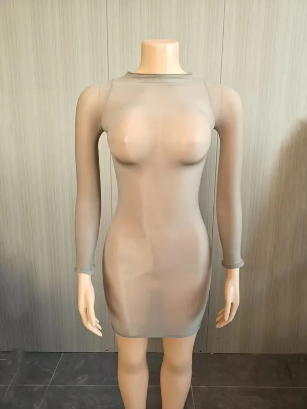 Oil Shiny Seamless Body Stockings Bodycon Mini Dress Women See Through O Neck Long Sleeve High Stretch Silky Glossy Clubwear