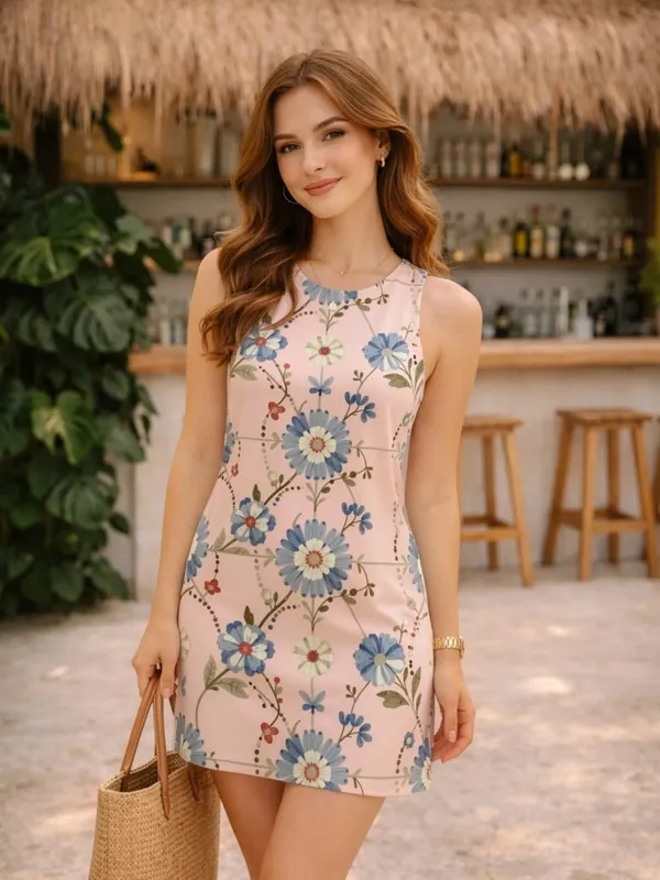 Womens Floral Sleeveless A Line Mini Dress Round Neck Relaxed Sundress for Holiday Brunch Patio Walk and Daily Wear Comfort — image 10