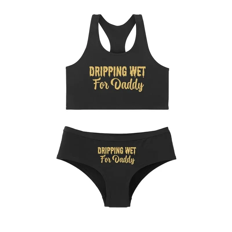 Sexy Women Lingerie Set DRIPPING WET FOR DADDY Vest Briefs Set Comfort Breathable Cotton Tank Tops With Underwear Ladies Clothes
