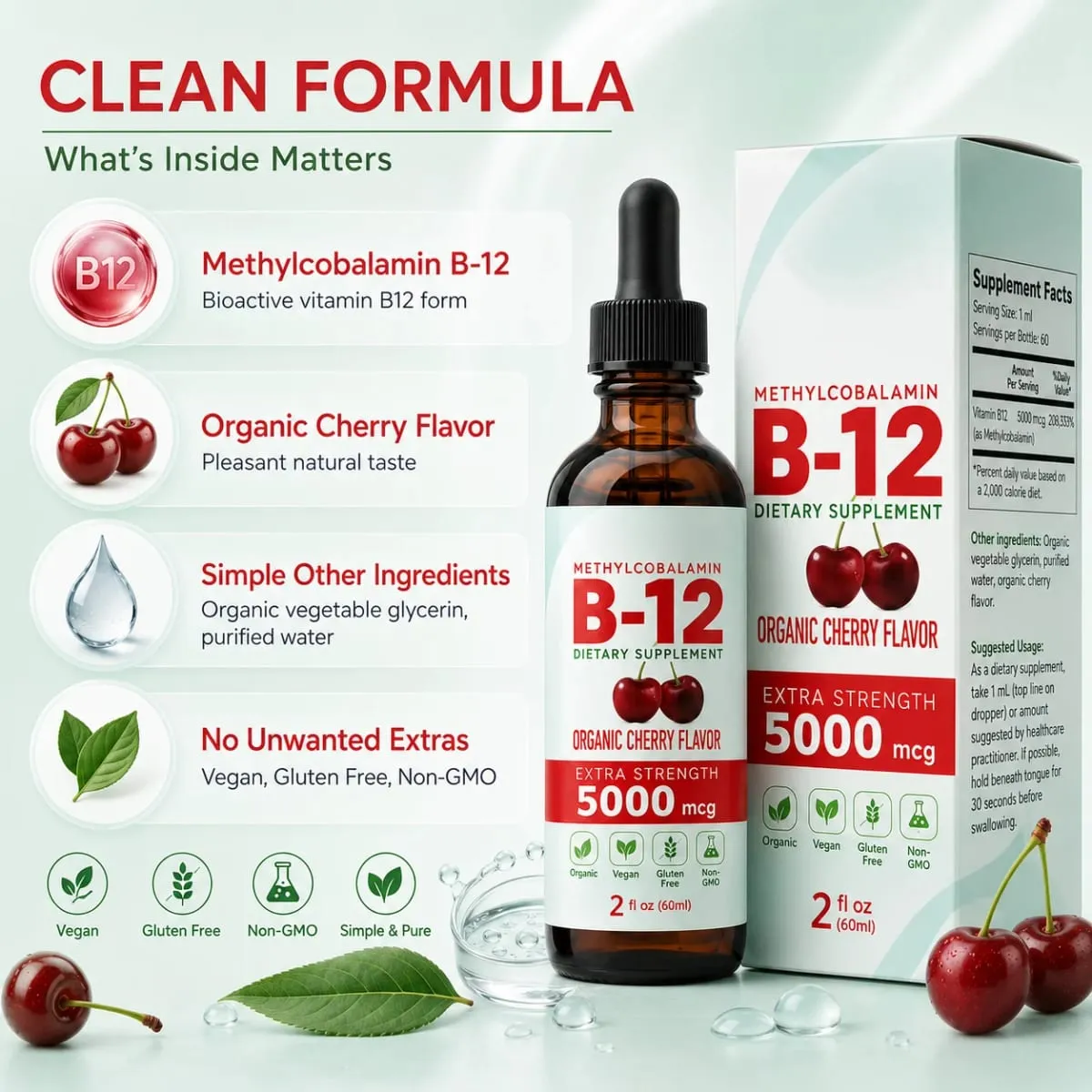 Vitamin B12 Drops 5000mcg Methylcobalamin Liquid Sublingual Supplement Cherry Flavor Vegan Sugar Free Daily Nutrition 60ml