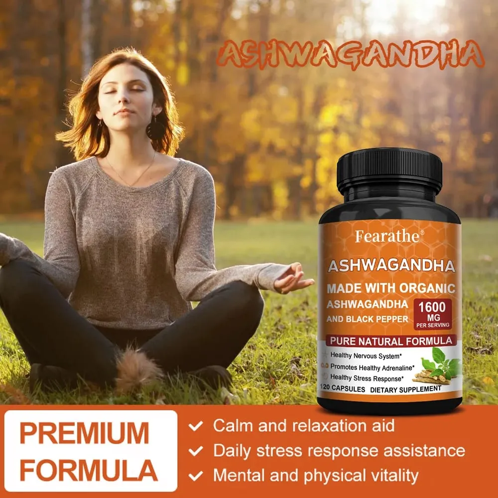 Ashwagandha Extract Capsules - Black Pepper Support Stress Relief Mood Sleep Brain Function Muscle Recovery & Immune Health