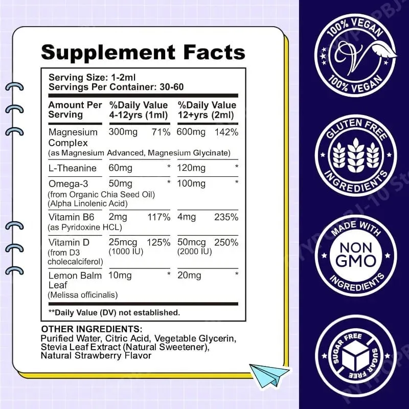 Kids Magnesium Glycinate Liquid Drops with L-theanine Omega-3 Vitamin B6 D3 for Sleep Relaxation 2 Fl Oz Strawberry Flavor