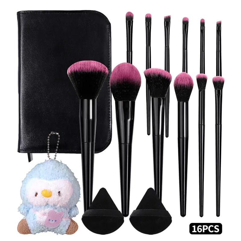 16PCS Black & Pink Makeup Brushes Set Free Shipping with Bag Puffs & Pendant