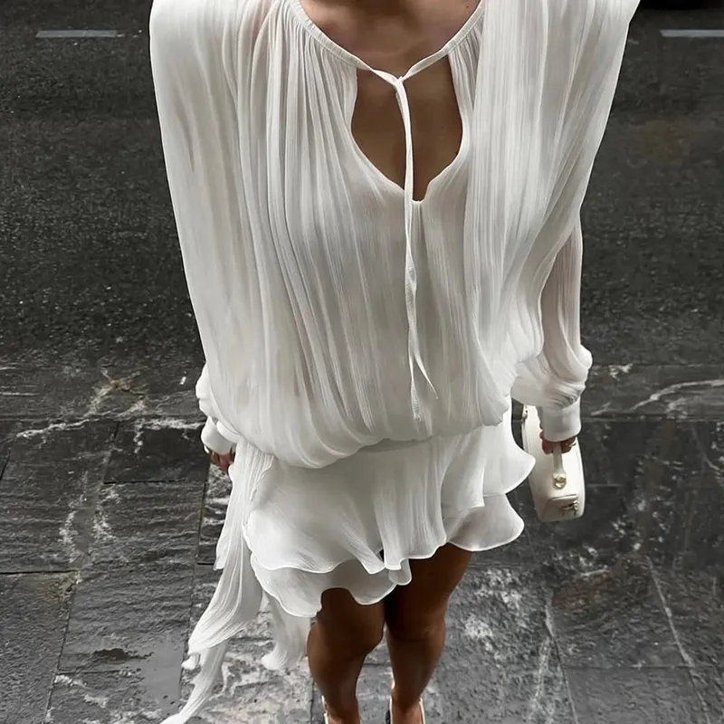 Ticketsx Summer Shiny One Shoulder Skinny Pleated Mini Dress Elegant Solid Ruched Long Sleeve Vestidos Lady Party Evening Dress