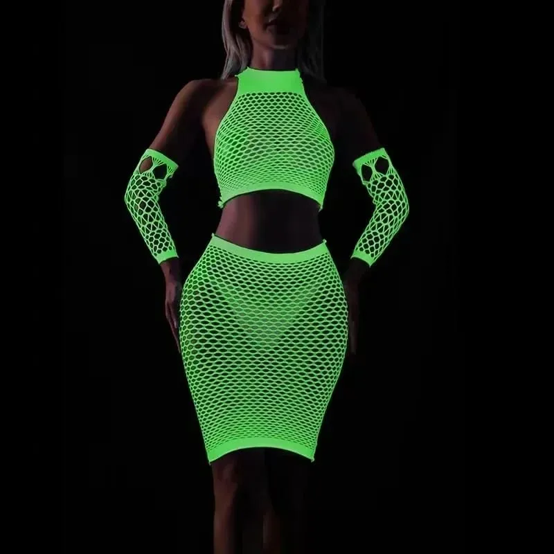 Fishing Net Transparent Women's Sexy Two Piece Set Fluorescent Open Crotch Bodystockings Dance Party Club Luminous Sex Clothes