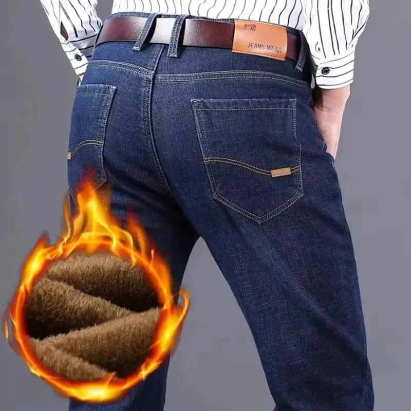 Men's Reflective Fleece-Lined Jeans - Thick Warm Lining Durable Denim & Reflective Trim Safe for Winter Night Commute & Casual