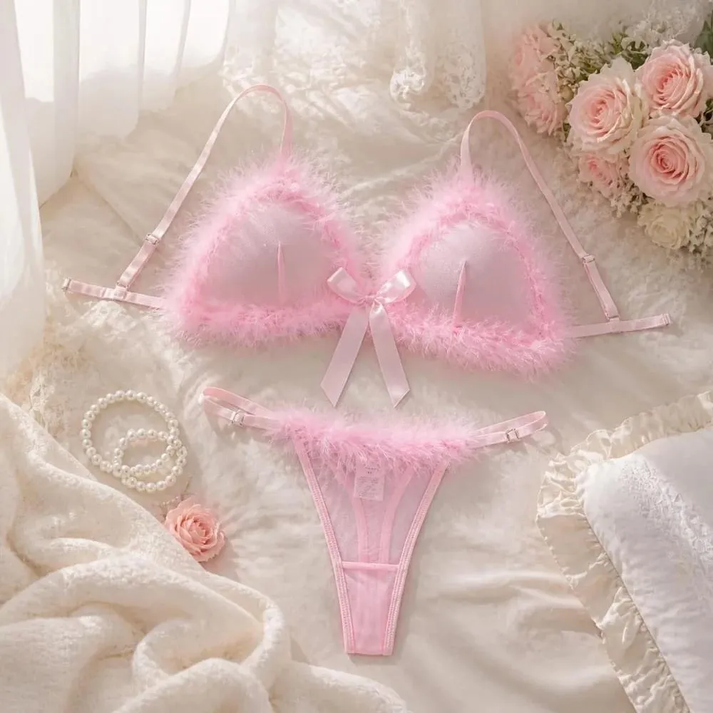 Furry Women's Underwear Mesh Transparent Bow Decor Lingerie Set Romantic Intimate Wireless Bra Panties Suit Anniversary