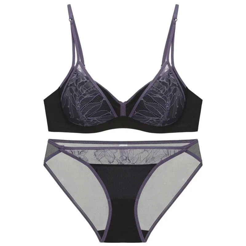Women's Style Sexy Lingerie Set Thin Contrast Lace Patchwork Push-Up Wireless Bra with Double Shoulder Straps for Small Bust — image 9