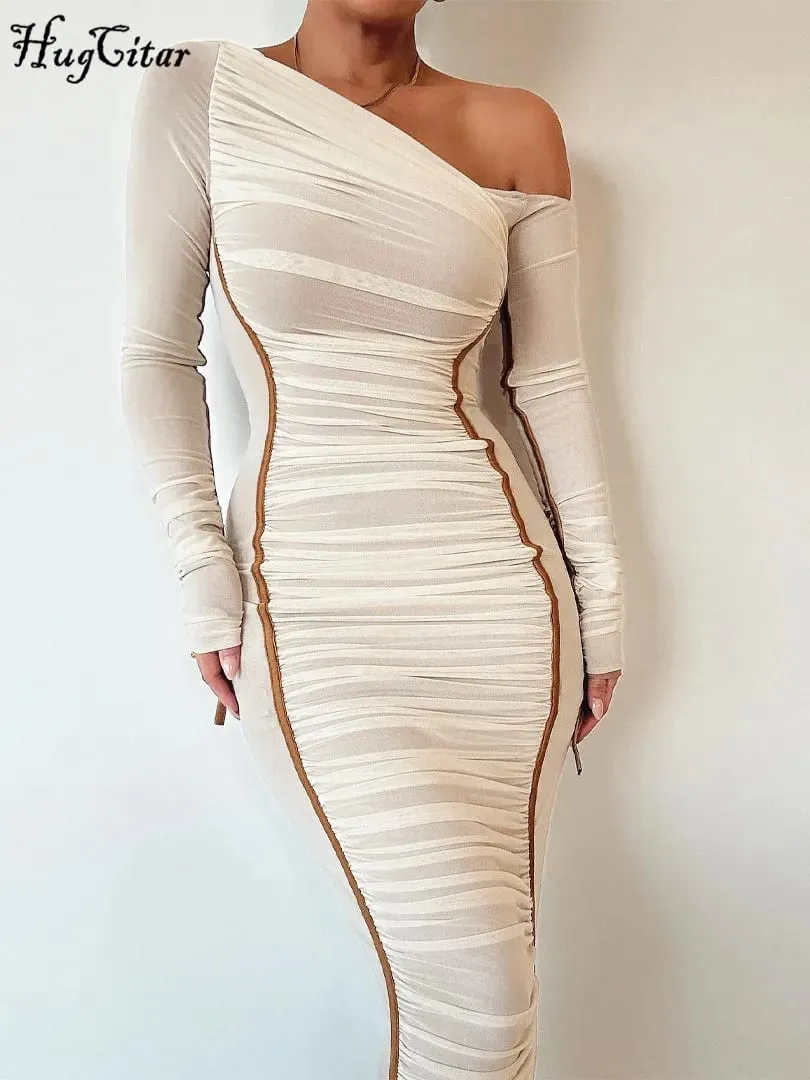 Hugcitar Mesh Solid Diagonal Krave Langærmet Draperet Sexet Gennemsigtig Bodycon Maxikjole Sommermodetøj Festival Club