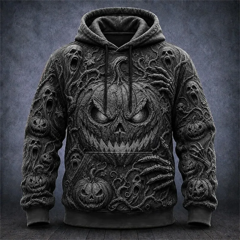 Men's Autumn Winter Halloween Hoodie Casual Pullover with Spooky Skull Print Loose Fit Festive Street-Style Top for Parties