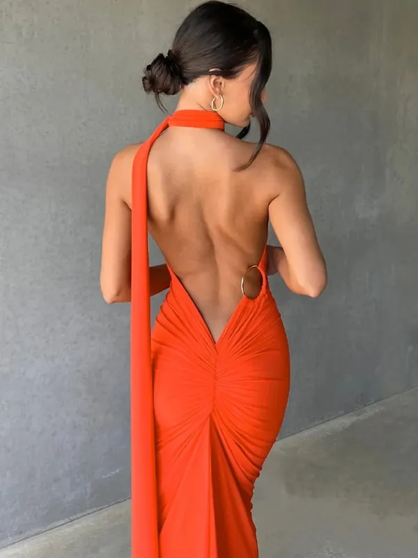 Hugcitar Eine Schulter, rückenfrei, verstellbar, mit Schal, Schleife, gerafft, sexy Maxikleid, 2025, Damen, elegantes Y2K-Streetwear-Festival-Outfit