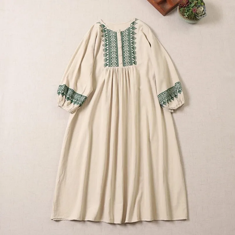 Ele Embroidered Cotton Lin Long Sve Dr Loose Fit A-Line Silhouette Maxi Skirt for Autumn Season Women's Faion