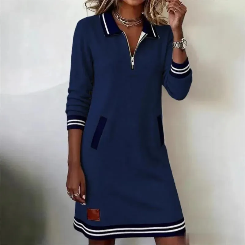 Autumn Winter Fashionable Versatile Women's Dress Casual Contrasting Color Splicing Lapel Long-sleeved Loose Dress With Pockets