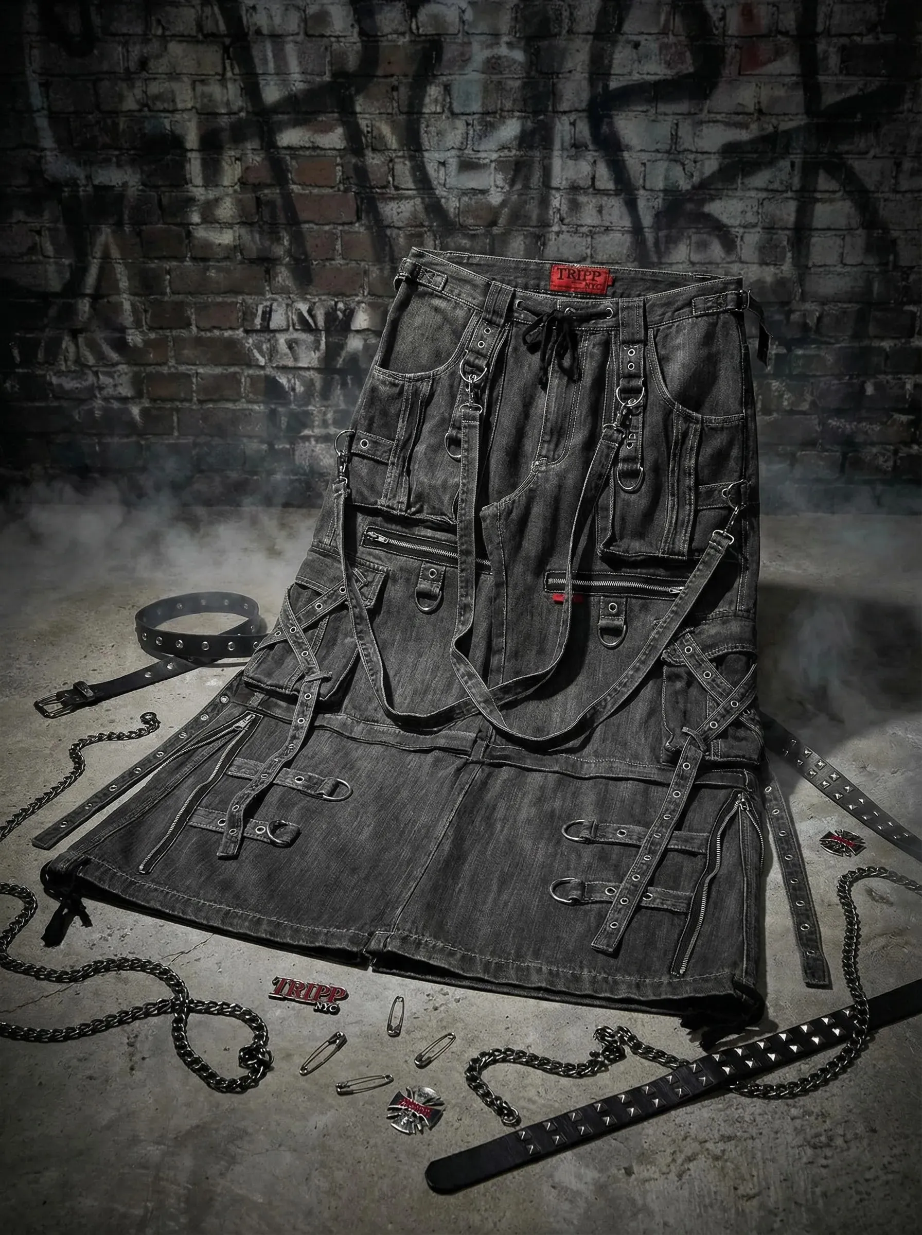 Mens Jeans Harajuku Vintage Gothic Punk Dark Grey Cargo Denim Pants Metal Buckles Chains Multi Pocket Adjustable Strap Y2K New — image 10