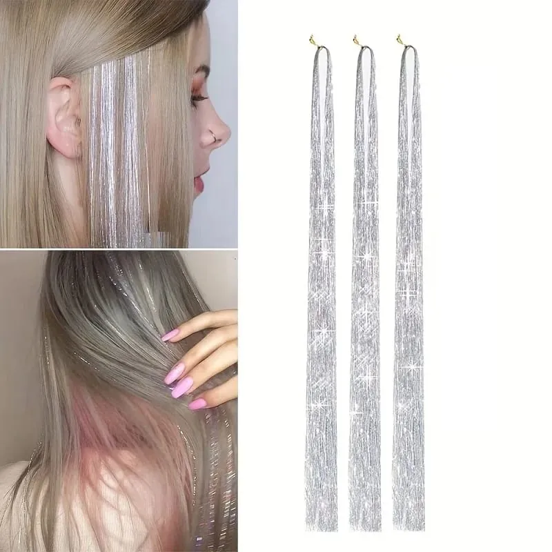 90cm Synthetic 3pcs/set Rainbow Colored Shiny Hair Laser Tinsel Long Straight Heat-Resistant Fairy Hair Extensions Party Daily