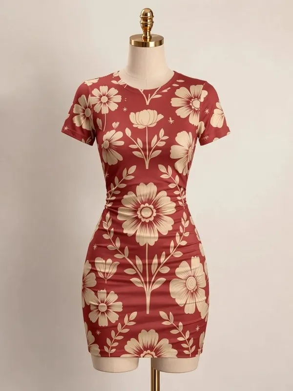 Womens Short Sleeve Bodycon Mini Dress Slim Fit Crew Neck Floral Print Casual Summer Party Cute Modern Holiday Vacation Sundress