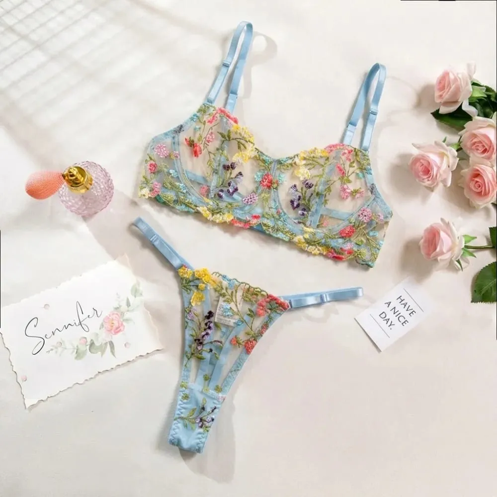 2dílná sada květinového spodního prádla Průsvitné všestranné spodní prádlo Intimky Výšivka Kostice Push-up Bra Kalhotky pro slečnu — image 8