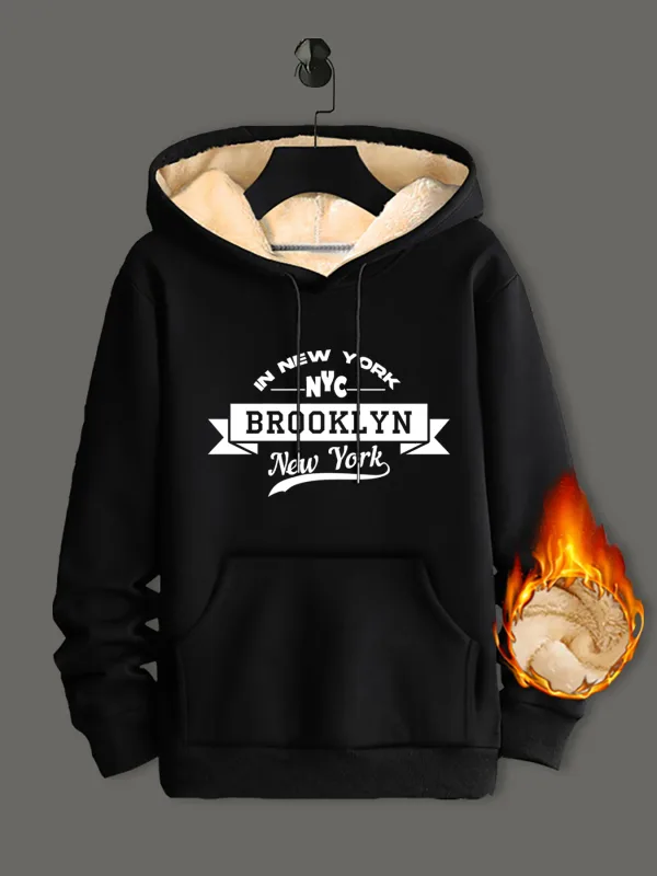 Winter Lambswool Hoodies Thicken Warm Windproof Sweatshirts Print Hooded Pullover Loose Men Women Winter Hoodies Black