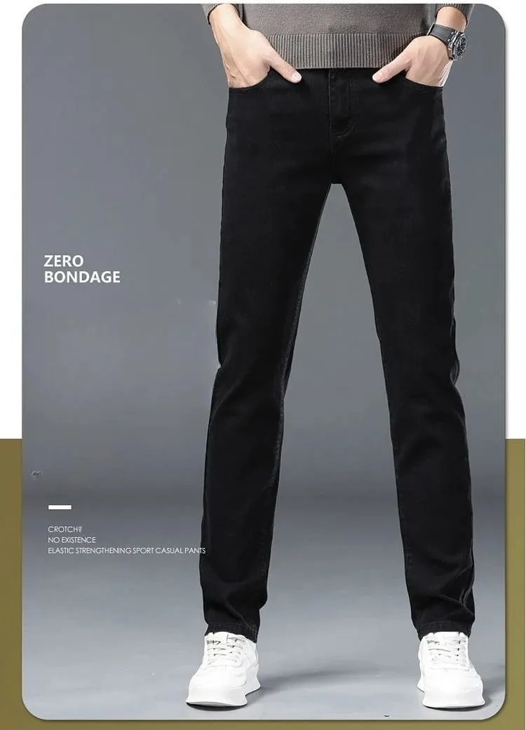 Spring Autumn New Elastic Men's Jeans Straight Leg Pants Slim Fit Business Casual Versatile Loose Wear-resistant Pants