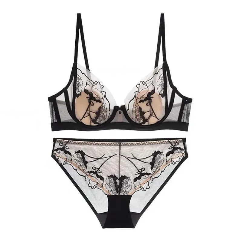 Sexy Lace Bra Set Women Thin Embroidery Floral Lingerie Female Underwear Briefs Set Daily Bra and Panty Set
