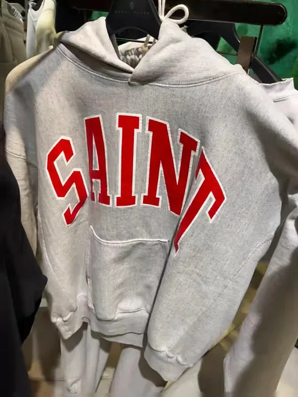26FW SAINT x Ber B J Co-brand Big Logo Printed Women Men Washed Hooded Sweatshirt Hoodies Vintage Distressed Men Casual Hoodie
