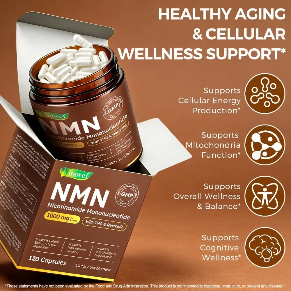 NMN Capsules 1000mg Beta Nicotinamide Mononucleotide TMG Quercetin Resveratrol NAD+ Metabolism Mitochondrial Function 120 Count — image 4