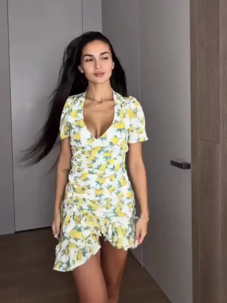 Elegant Ruffle Print Slim Short Dress Women Chic Patchwork Flared sleeves V-neck Pleated Dresses 2026 Lady Summer Casual Vestido — image 4