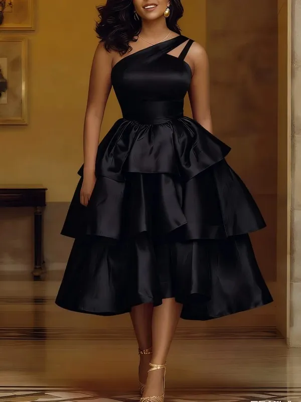Women Elegant Shiny One Shoulder Ruffle Layered Christmas Party Dresses Date Out Birthday Wedding Guest Event Occasion Gowns New — image 4