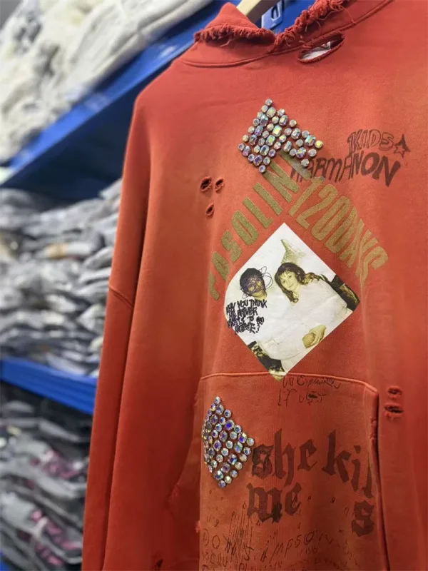 Autumn Winter New PH Hand-beading Print Vintage Washed High Street Casual Loose Cotton Versatile Hoodie Trendy Sports Top Men