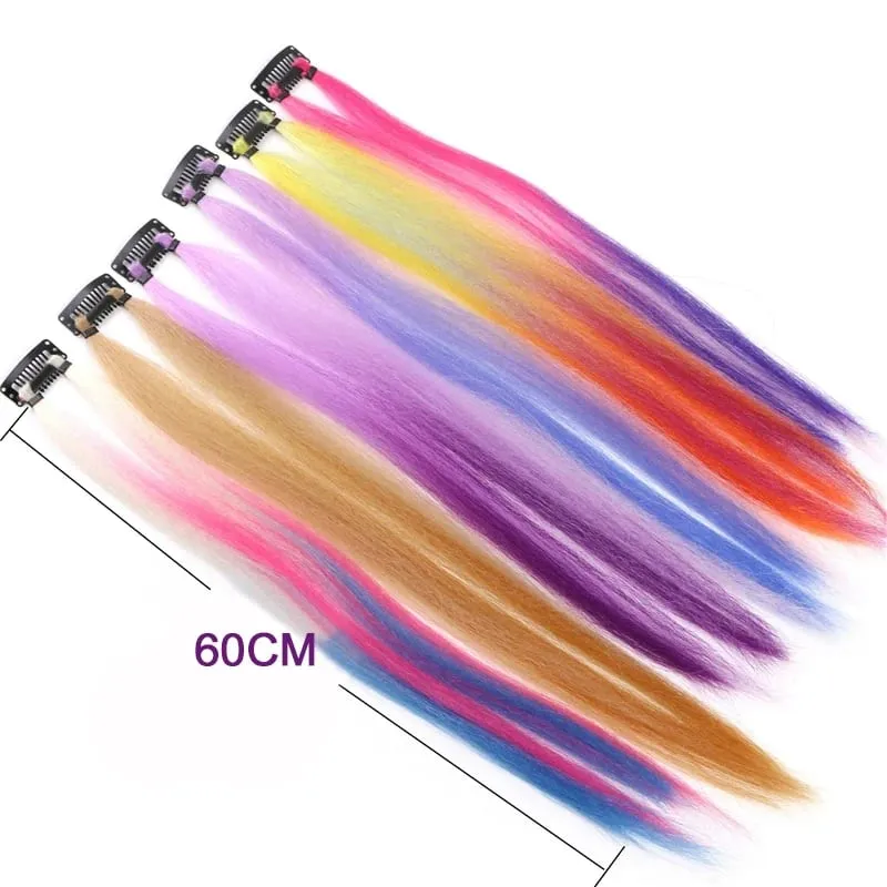 2PCS 60cm Synthetic Long Straight Hair Clips Rainbow Hair Extension Colored Red Green Blue Hairpiece for Women