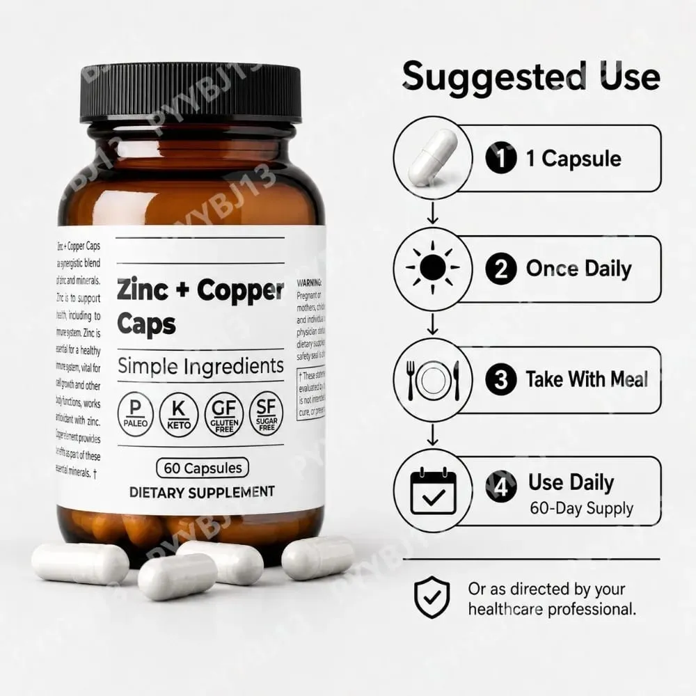 Zinc+Copper Caps Supports Skin Hormone Hair Immune System Health Daily Supplement for Men Women with Zinc L-Methionine Copper
