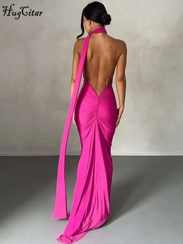 Hugcitar Eine Schulter, rückenfrei, verstellbar, mit Schal, Schleife, gerafft, sexy Maxikleid, 2025, Damen, elegantes Y2K-Streetwear-Festival-Outfit