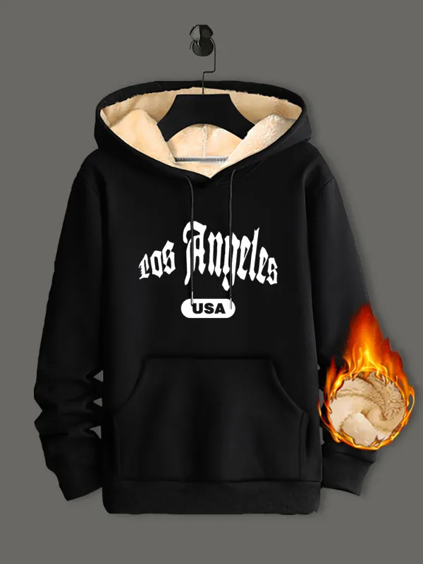 Winter Lambswool Hoodies Thicken Warm Windproof Sweatshirts Print Hooded Pullover Loose Men Women Winter Hoodies Black