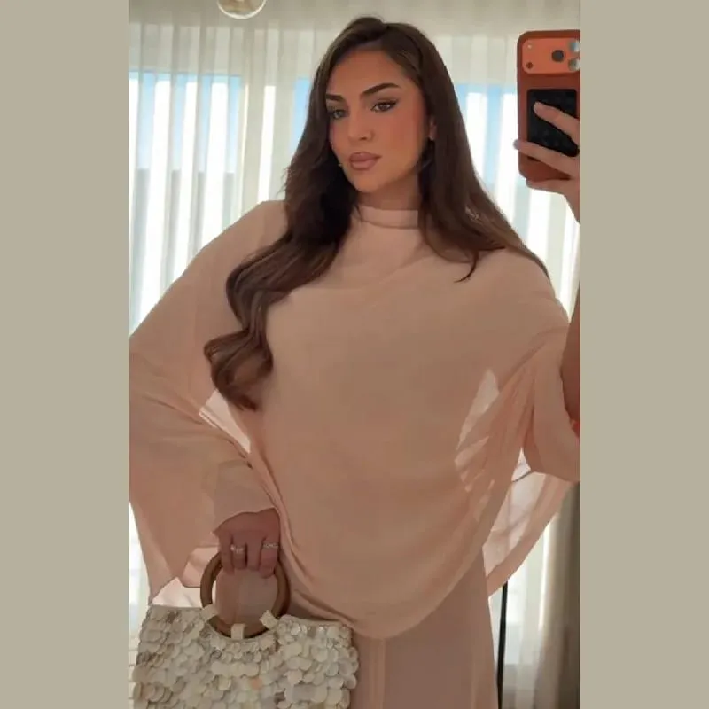 Women's Fashion Pink High Neck Cape Dress Elegant Loose Long Sleeve Flowy Maxi Dress 2026 Spring NEW Lady Evening Party Outfit