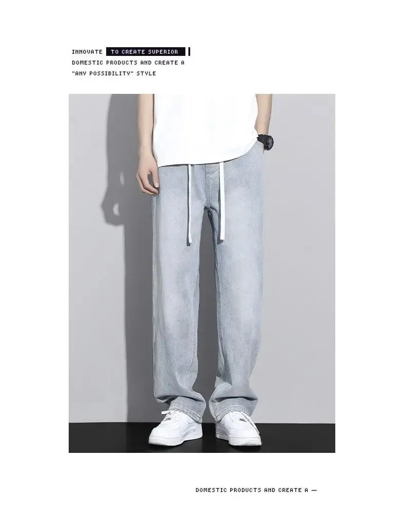 Men's Straight Leg Jeans American High Street High-quality Drawstring Design Daily Casual Loose Pants Washed Polished White