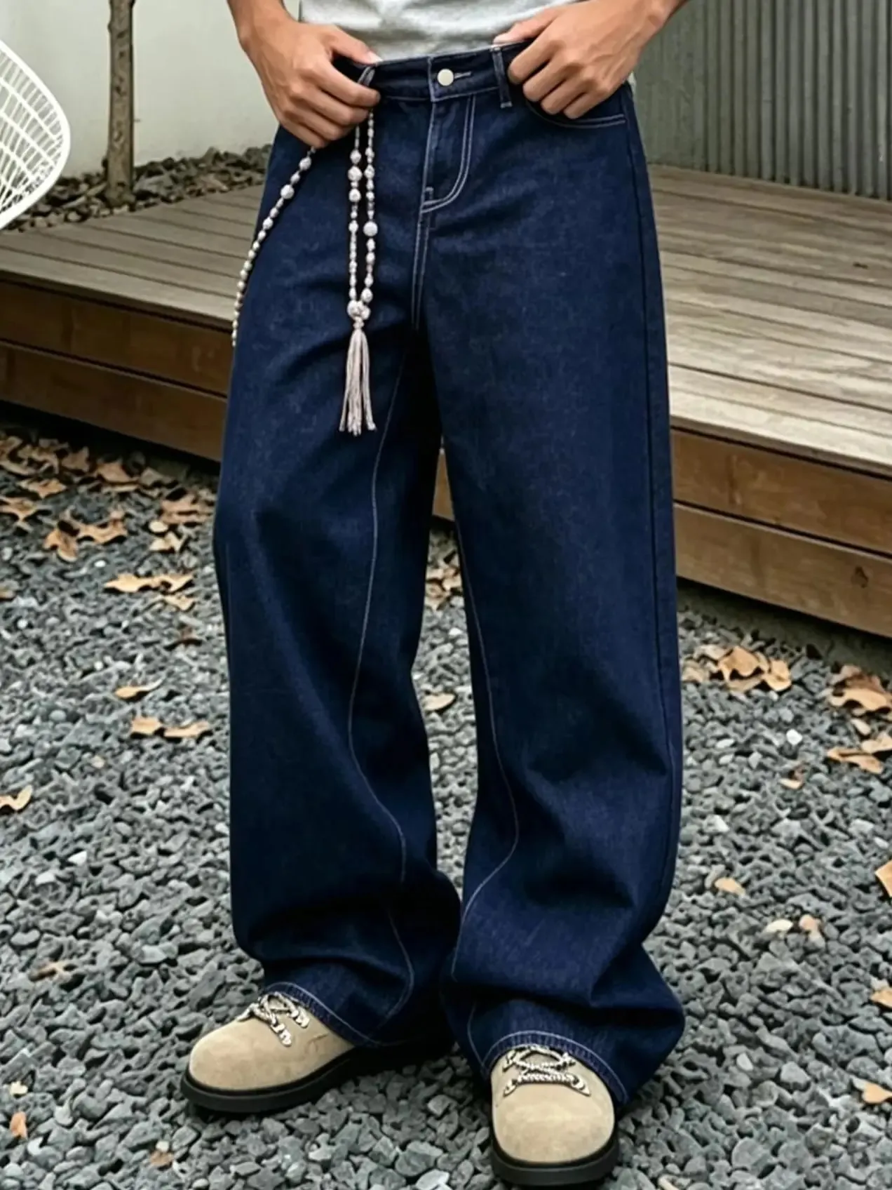Denim Blue Dark Topstitched Wide-Leg Jeans Are the Same for Men and Women. They Are High-Waisted Loose and Floor-Length. They A — image 8