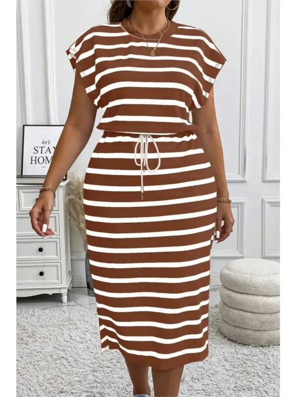 2025 Casual Striped Printed Short-sleeved Women's Dress Summer Fashion Cinched Waist Lace Up T Shirt Female Sports Dresses