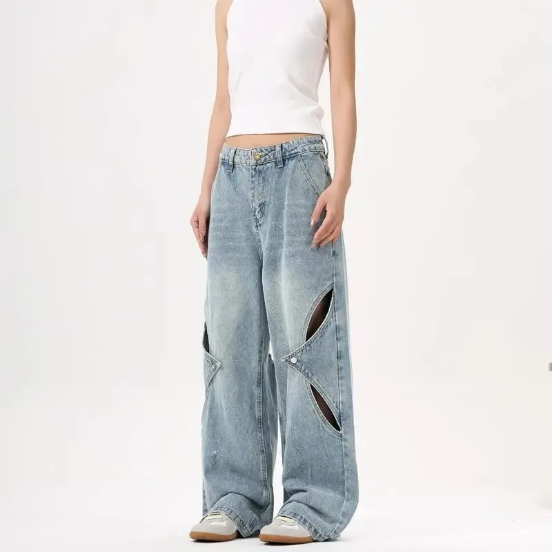 2025 New American style patchwork structure denim pants with holes men's and women's loose wide leg unisex straight leg jeans