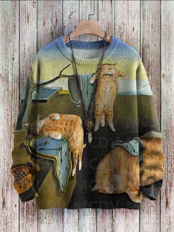 Corak Seni Burung Bunga Kucing Hitam yang comel Cetak Sweater Pullover Bersatu Kasual Sweater Klasik Pullover Lelaki Untuk Wanita