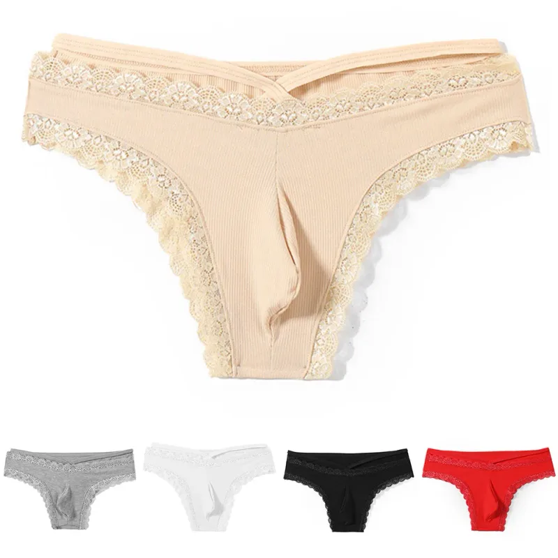 Homens rendas rrim sissy gay sem costura cuecas cueca meados de cintura bulge bolsa lingerie sólida masculina renda borda lingerie — image 1