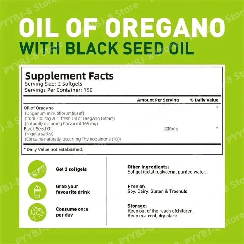 2 in 1 Oil of Oregano Softgels 6000mg with 200mg Black Seed Oil Promote Intestinal Health & Improve Antioxidant Activity 300pcs