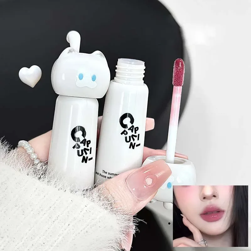 Cute Cat Water Mirror Lip Gloss Lasting Moisturizing Rose Apricot Pink Tint Lip Glaze Nude Lipstick Korean Makeup Girl