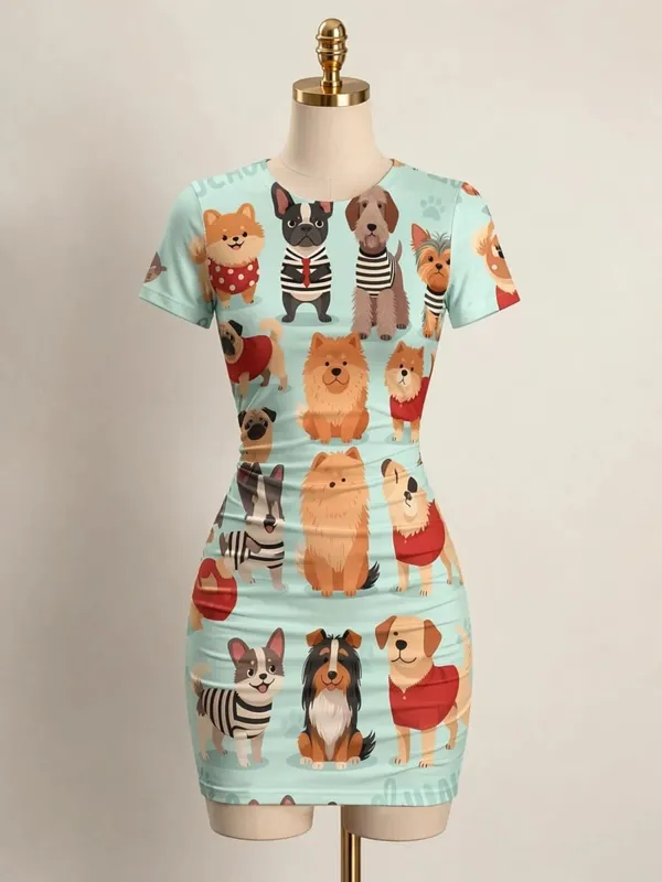 Womens Short Sleeve Bodycon Mini Dress Slim Fit Crew Neck Floral Print Casual Summer Party Cute Elegant Travel Vacation Sundress